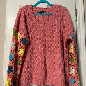DAVI & DANI Pink V-Neck Sweater with Multicolor Sleeves